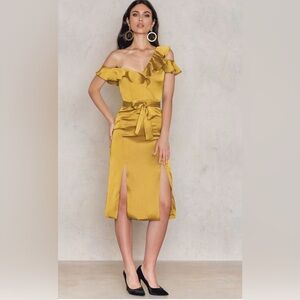 Lavish Alice Gold Satin Midi Dress 6 NEW One Shoulder Ruffle Slit Front Evening